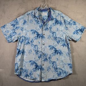Tommy Bahama Shirt Mens L Blue Tropical Palms Camp 100% Silk Short Sleeve Beach